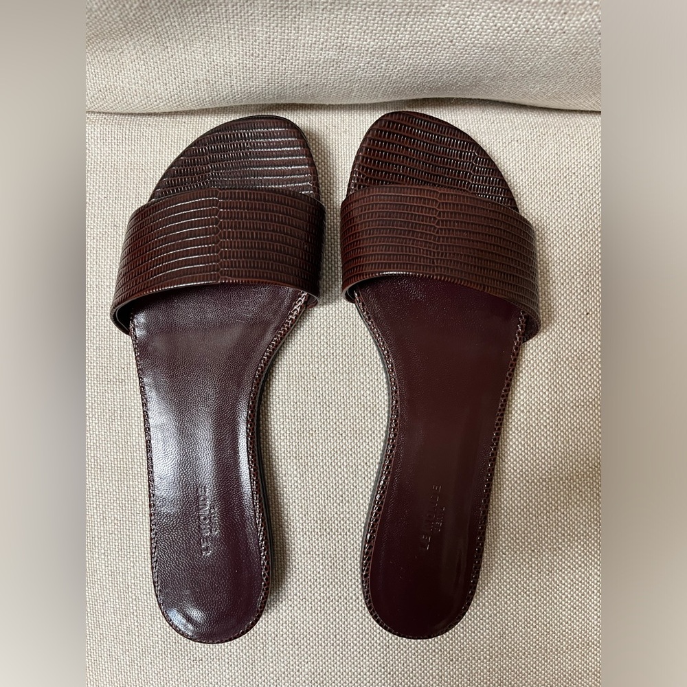 Le Monde Béryl Slim Lizard Bandeau Slide Sandals Dark Burgundy Brown 38 NWOT